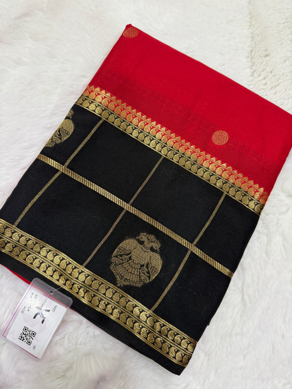 Semi Mysore Crape with Rich Pallu (Premium, Small Circular Design, Bentex Checks Gandaberunda Border)