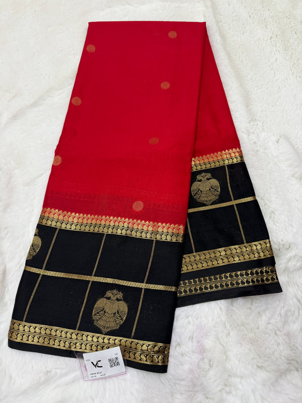 Semi Mysore Crape with Rich Pallu (Premium, Small Circular Design, Bentex Checks Gandaberunda Border)