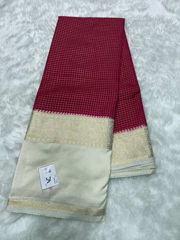 Semi Mysore Crape with Rich Pallu (Premium, Checks, Geometrical Bentex Border)